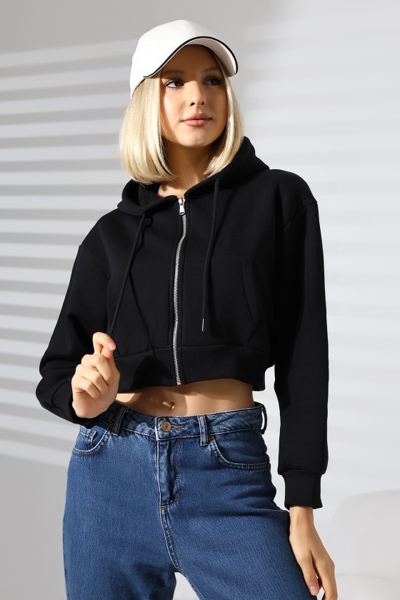 Kapüşonlu Şardonlu Fermuarlı Crop Geniş Kalıp Sweatshirt 21652 SİYAH