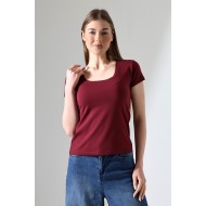 Kare Yaka Kısa Kol Penye Kompakt Likralı Esnek Basic T-Shirt 21069 BORDO