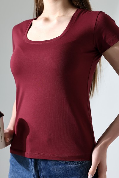 Kare Yaka Kısa Kol Penye Kompakt Likralı Esnek Basic T-Shirt 21069 BORDO