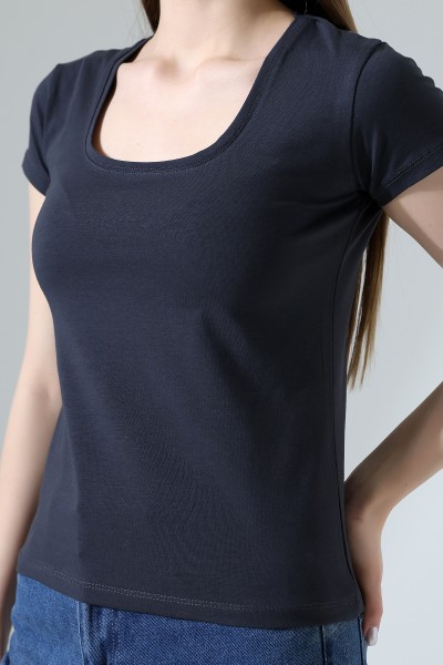 Kare Yaka Kısa Kol Penye Kompakt Likralı Esnek Basic T-Shirt 21069 FÜME