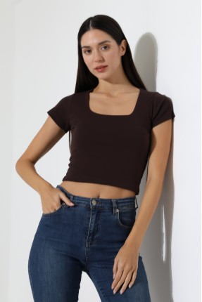 Kare Yaka Kısa Kol Penye Kompakt Likralı Esnek Basic T-Shirt 21069 KAHVE