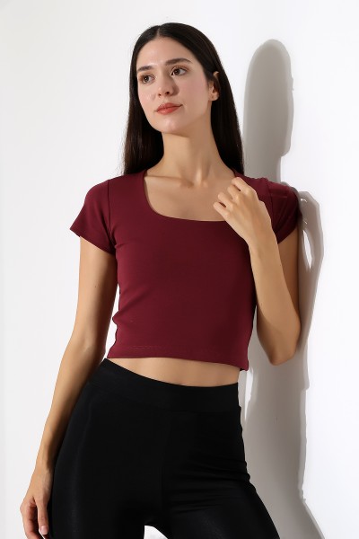 Kare Yaka Likralı Ribana Kumaş Kadın T-Shirt 21804 BORDO