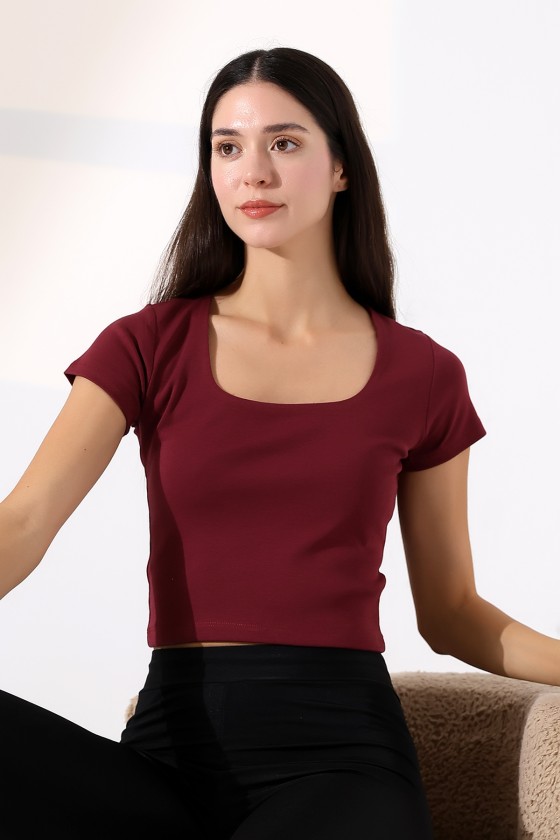 Kare Yaka Likralı Ribana Kumaş Kadın T-Shirt 21804 BORDO