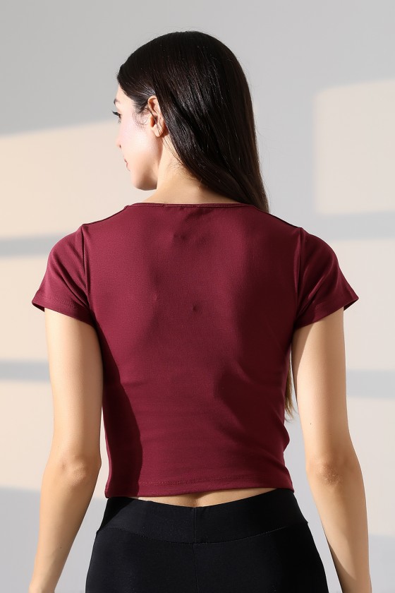 Kare Yaka Likralı Ribana Kumaş Kadın T-Shirt 21804 BORDO