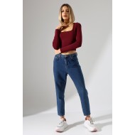 Kare Yaka Penye Kompakt Esnek Kumaş Uzun Kol Bluz 21650 BORDO