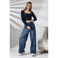 Kare Yaka Penye Kompakt Esnek Kumaş Uzun Kol Bluz 21650 LACİVERT