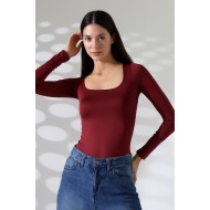 Kare Yaka Uzun Kollu Altı Külotlu ve Çıt Çıtlı Kadın Atlet - T-Shirt 21940 BORDO