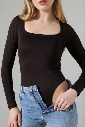 Kare Yaka Uzun Kollu Altı Külotlu ve Çıt Çıtlı Kadın Atlet - T-Shirt 21940 KAHVE