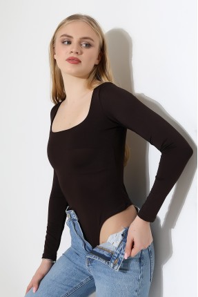 Kare Yaka Uzun Kollu Altı Külotlu ve Çıt Çıtlı Kadın Atlet - T-Shirt 21940 KAHVE