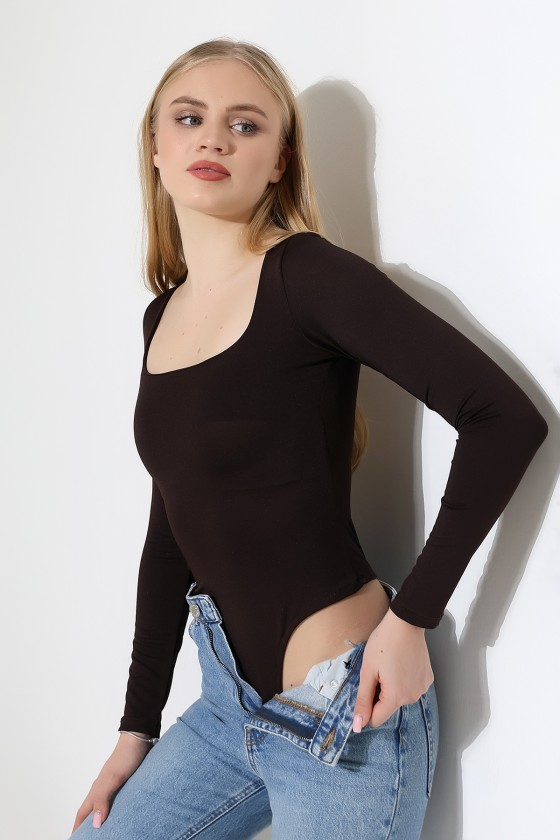 Kare Yaka Uzun Kollu Altı Külotlu ve Çıt Çıtlı Kadın Atlet - T-Shirt 21940 KAHVE