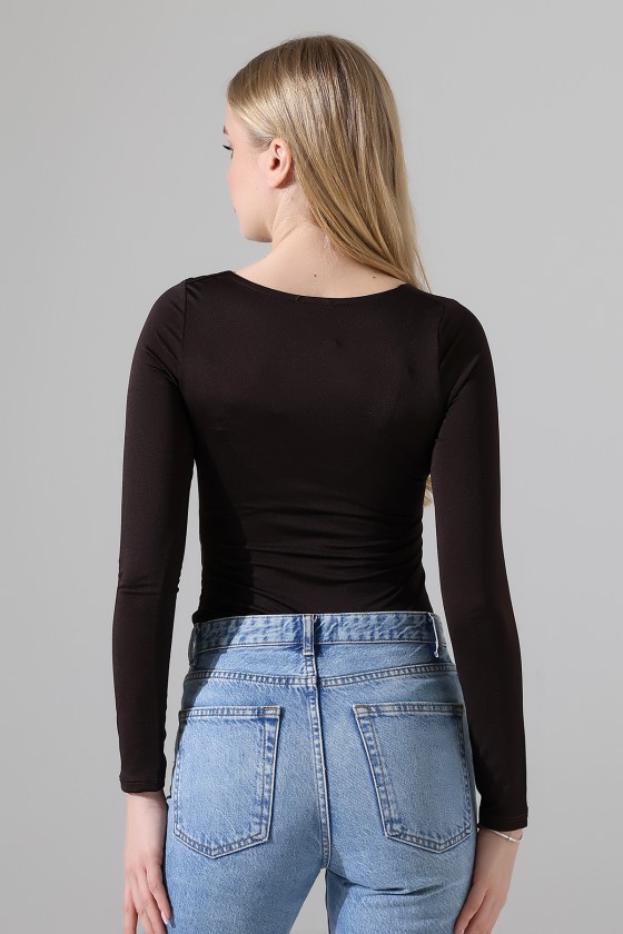 Kare Yaka Uzun Kollu Altı Külotlu ve Çıt Çıtlı Kadın Atlet - T-Shirt 21940 KAHVE