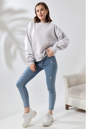 Şardonlu Omuz Detaylı Bisiklet Yaka Oversize Sweatshirt 21616 KARMELANJ