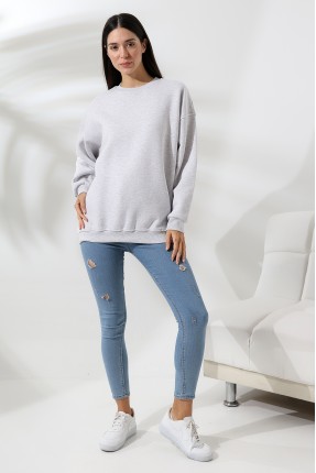 Şardonlu Bisiklet Yaka Oversize Sweatshirt 21620 KARMELANJ