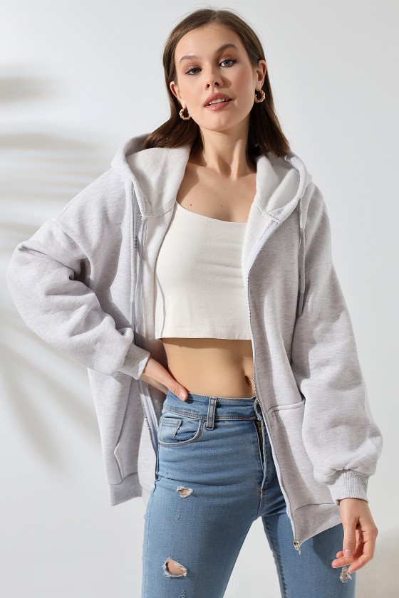 Şardonlu Fermuarlı Kapüşonlu Oversize Sweatshirt 21618 KARMELANJ