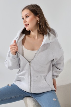 Şardonlu Fermuarlı Kapüşonlu Oversize Sweatshirt 21618 KARMELANJ