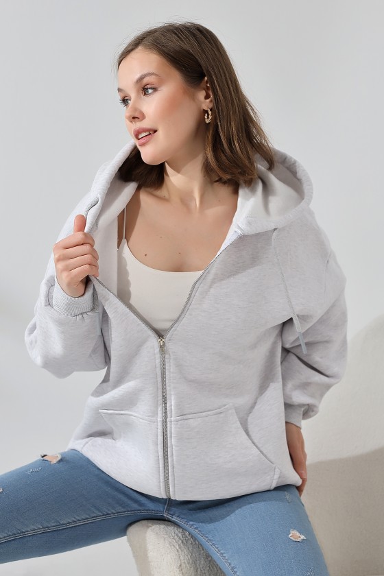 Şardonlu Fermuarlı Kapüşonlu Oversize Sweatshirt 21618 KARMELANJ