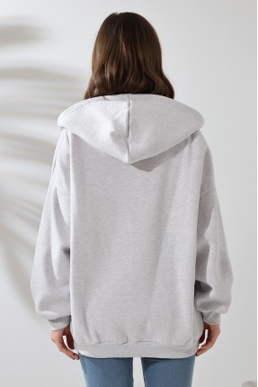 Şardonlu Fermuarlı Kapüşonlu Oversize Sweatshirt 21618 KARMELANJ