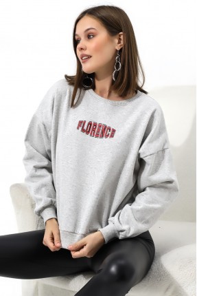 Baskılı Oversize Kalıp Şardonlu Sweatshirt 21503 KARMELANJ