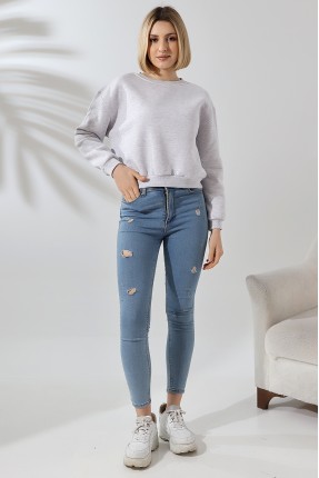 Şardonlu Oversize Bisiklet Yaka Geniş Kalıp Sweatshirt 21614 KARMELANJ