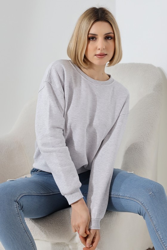 Şardonlu Oversize Bisiklet Yaka Geniş Kalıp Sweatshirt 21614 KARMELANJ