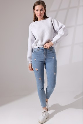 Şardonlu Reglan Kol Bisiklet Yaka Oversize Sweatshirt 21625 KARMELANJ