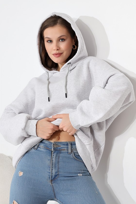 Şardonlu Kapüşonlu Oversize Sweatshirt 21615 KARMELANJ