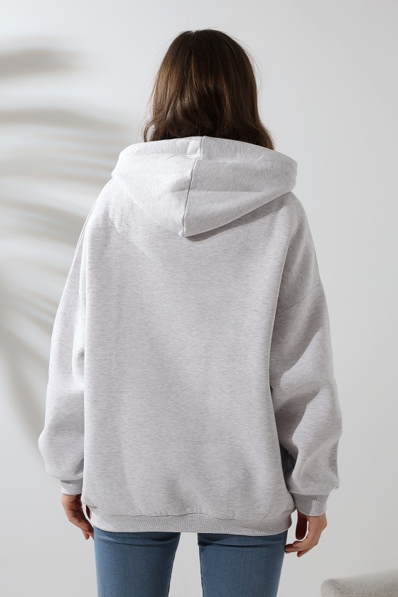 Şardonlu Kapüşonlu Oversize Sweatshirt 21615 KARMELANJ