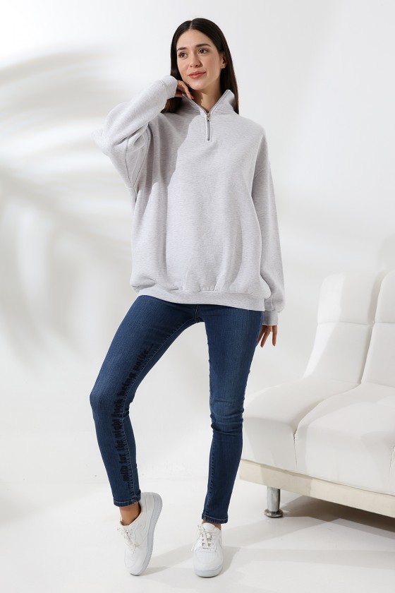 Şardonlu Yarım Fermuarlı Oversize Sweatshirt 21622 KARMELANJ