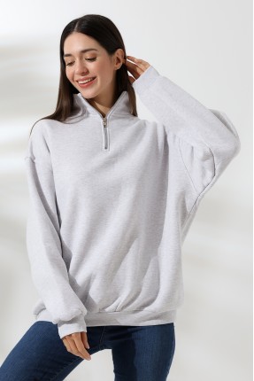 Şardonlu Yarım Fermuarlı Oversize Sweatshirt 21622 KARMELANJ