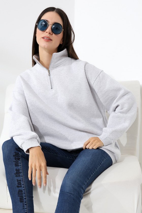 Şardonlu Yarım Fermuarlı Oversize Sweatshirt 21622 KARMELANJ