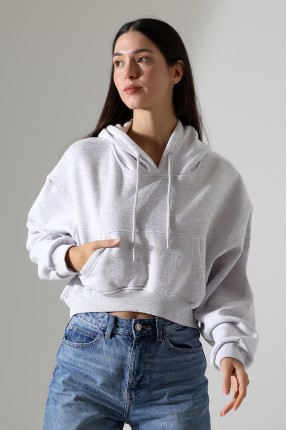 Oval Kapuşonlu Kanguru Önden Cepli Crop Kolları Geniş Kadın Sweatshirt 21968 KARMELANJ