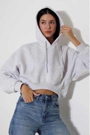 Oval Kapuşonlu Kanguru Önden Cepli Crop Kolları Geniş Kadın Sweatshirt 21968 KARMELANJ