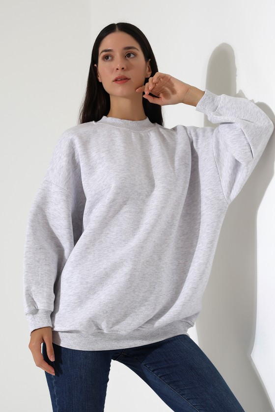 Yarım Balıkçı Yaka Şardonlu Salaş Basic Kadın Oversize Tunik Sweatshirt 21910 KARMELANJ