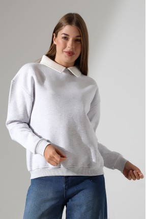 Relax Rahat Salaş Geniş Kesim Gömlek Yaka Pamuklu Kadın Sweatshirt 21985 KARMELANJ