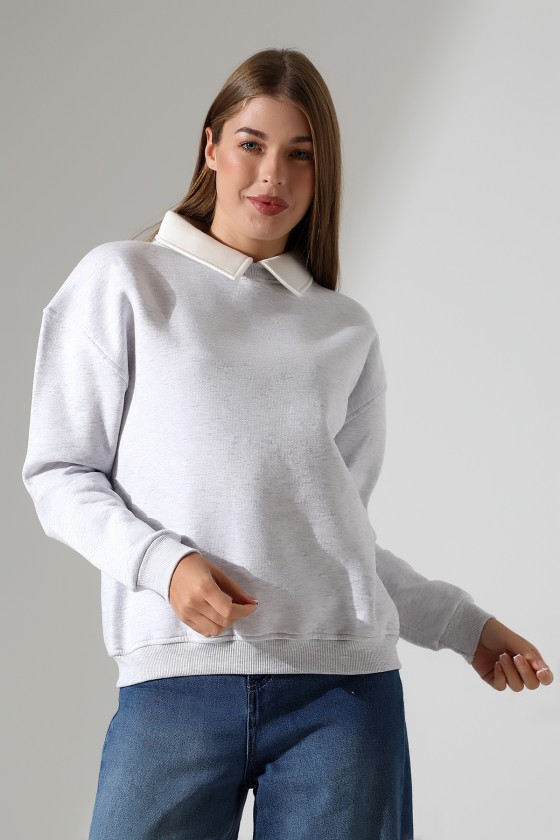 Relax Rahat Salaş Geniş Kesim Gömlek Yaka Pamuklu Kadın Sweatshirt 21985 KARMELANJ