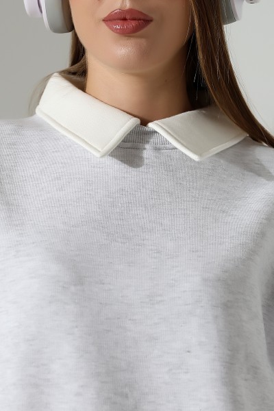 Relax Rahat Salaş Geniş Kesim Gömlek Yaka Pamuklu Kadın Sweatshirt 21985 KARMELANJ