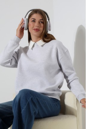 Relax Rahat Salaş Geniş Kesim Gömlek Yaka Pamuklu Kadın Sweatshirt 21985 KARMELANJ