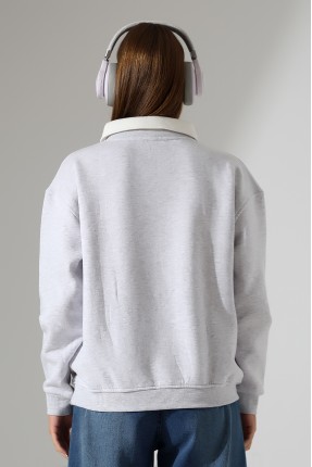 Relax Rahat Salaş Geniş Kesim Gömlek Yaka Pamuklu Kadın Sweatshirt 21985 KARMELANJ