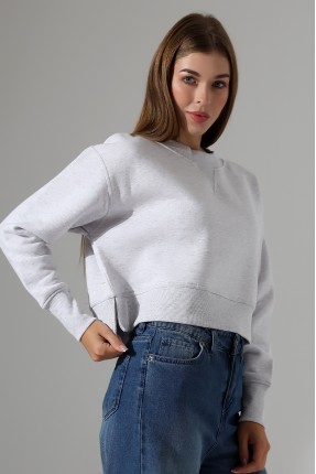 Relax Rahat Kesim Yanları Yırtmaçlı Bisiklet Yaka Pamuklu Basic Kadın Sweatshirt 21925 KARMELANJ
