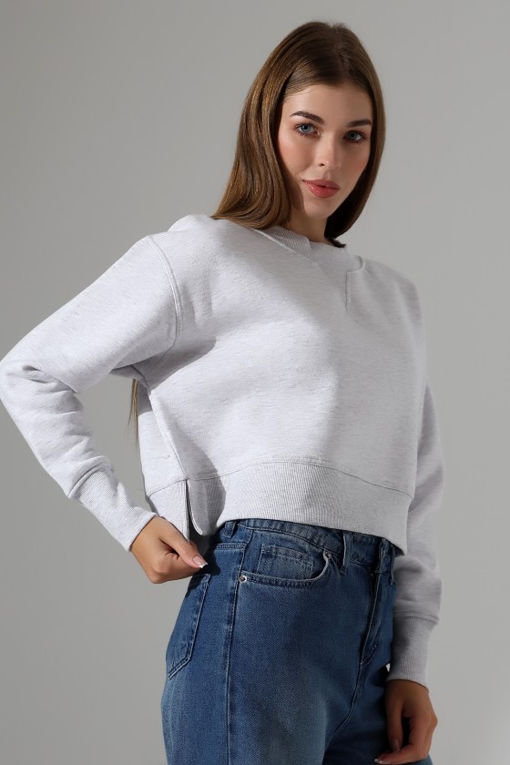 Relax Rahat Kesim Yanları Yırtmaçlı Bisiklet Yaka Pamuklu Basic Kadın Sweatshirt 21925 KARMELANJ