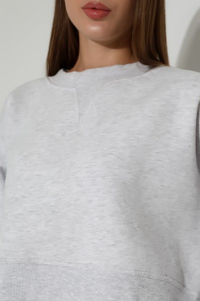 Relax Rahat Kesim Yanları Yırtmaçlı Bisiklet Yaka Pamuklu Basic Kadın Sweatshirt 21925 KARMELANJ