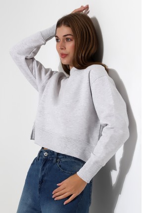 Relax Rahat Kesim Yanları Yırtmaçlı Bisiklet Yaka Pamuklu Basic Kadın Sweatshirt 21925 KARMELANJ