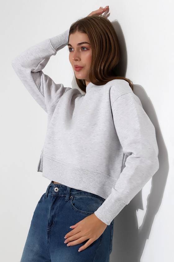 Relax Rahat Kesim Yanları Yırtmaçlı Bisiklet Yaka Pamuklu Basic Kadın Sweatshirt 21925 KARMELANJ