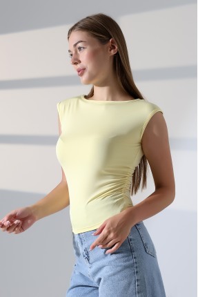 Kayık Yaka Japone Kol Büzgülü Basic Kolsuz Kadın T-Shirt 21895 AÇIK SARI