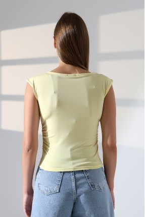Kayık Yaka Japone Kol Büzgülü Basic Kolsuz Kadın T-Shirt 21895 AÇIK SARI