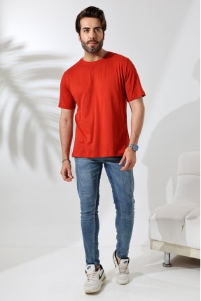 Erkek %100 Pamuklu Penye Kompakt Bisiklet Yaka Comfort Fit Basic T-Shirt 21751 KİREMİT