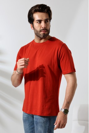 Erkek %100 Pamuklu Penye Kompakt Bisiklet Yaka Comfort Fit Basic T-Shirt 21751 KİREMİT