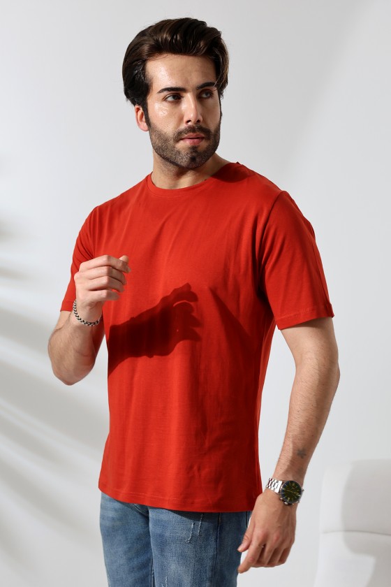 Erkek %100 Pamuklu Penye Kompakt Bisiklet Yaka Comfort Fit Basic T-Shirt 21751 KİREMİT