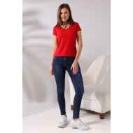 Pamuklu Penye Kompakt Likralı V Yaka Kısa Kol Basic T-Shirt 21043 KIRMIZI