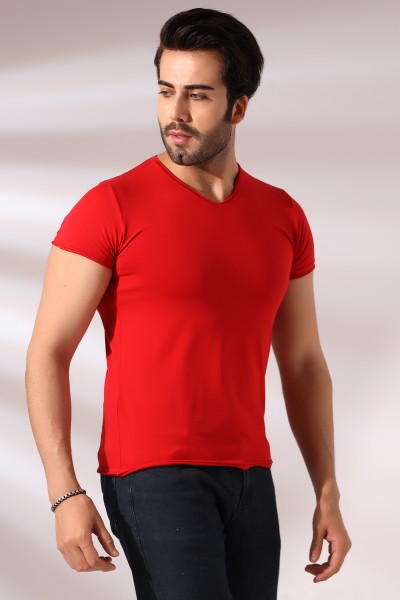 Pis Dikim V Yaka Penye Kompakt Likralı Basic Kısa Kol T-Shirt 19955 KIRMIZI Pis Dikim V Yaka Penye Kompakt Likralı Basic Kısa Kol T-Shirt 19955 KIRMIZI